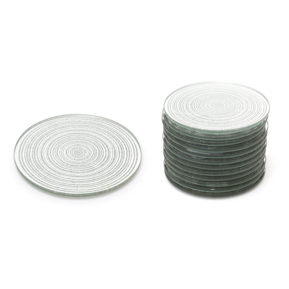10cm Pack Of Twelve Silver Swirl Mirrored Glass Glitter Coaster | 12 Piece Round Mirror Glass Display Candle Plate | Mirrored Candle Tray