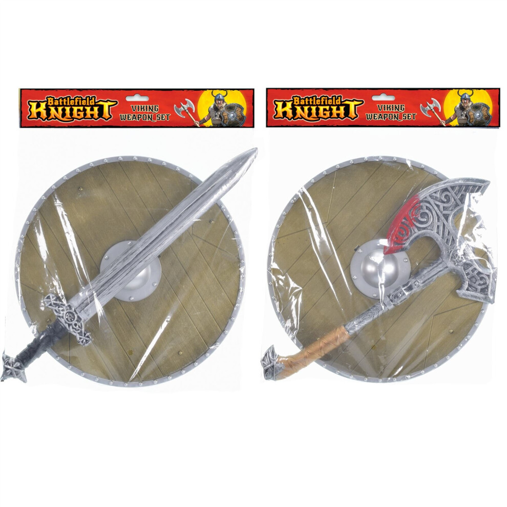 Carousel Kids Viking Shield And Weapon Set | Medieval Warrior Fancy Dress Costume | Children's Viking Accessories - Pack Of 2 Axe And Sword