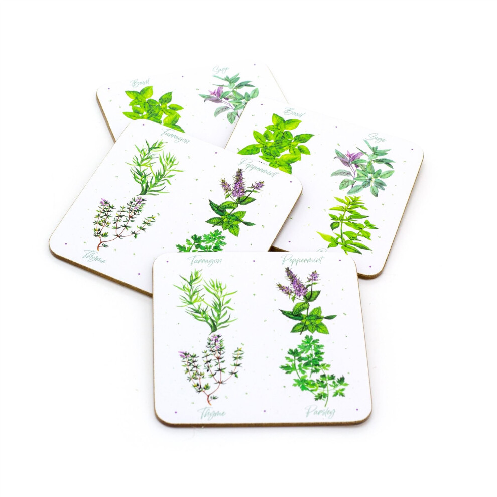 Set Of 4 Cork Coasters The Herb Garden | 4 Piece Heat Resistant Square Drinks Coasters Set | Country Kitchen Cup Mug Table Mats