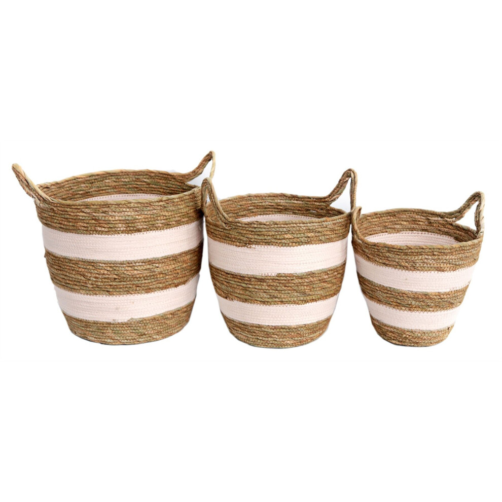 Set Of 3 Gorgeous Festival Vibe Storage Basket With Handles ~ Pink Striped