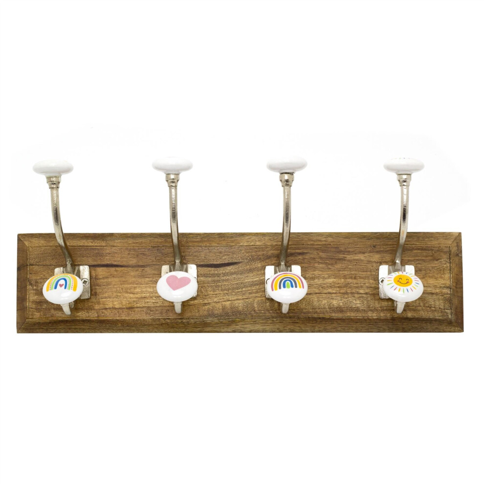 Kids Wall Hooks 4 Double Hooks On Wooden Base | Baby Rainbow Wall Hooks For Kids | Wall Mounted Children's Coat Rack With 8 Ceramic Pegs