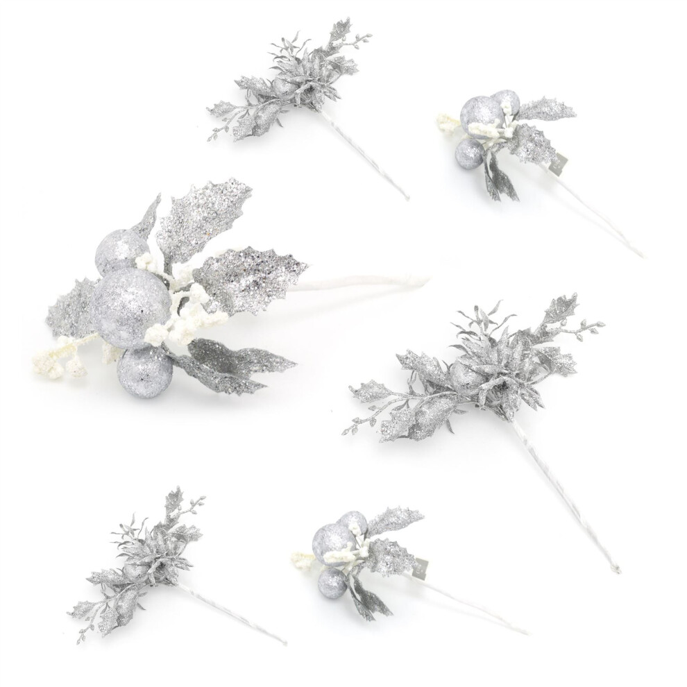 6 Piece Silver Glitter Christmas Flower Spray Pick | Artificial Holly Stems Christmas Decoration | Xmas Floral Spray Flower Pick