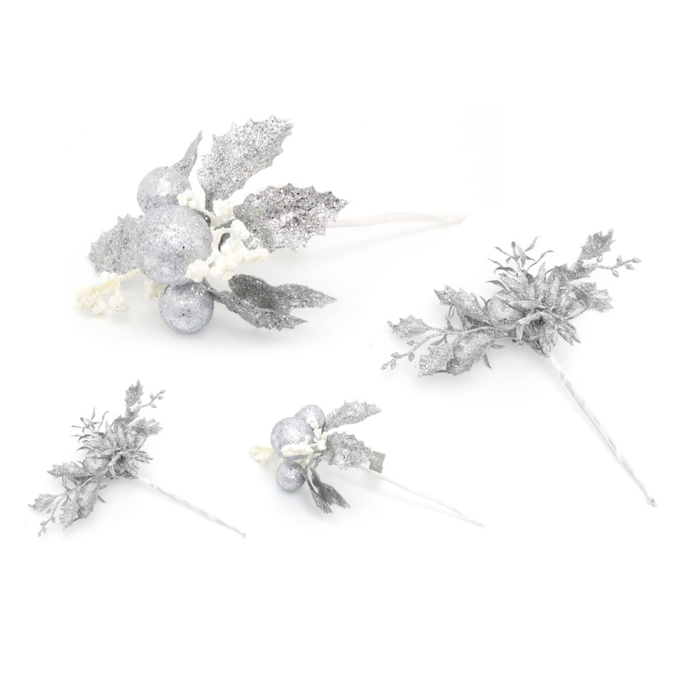 4 Piece Silver Glitter Christmas Flower Spray Pick | Artificial Holly Stems Christmas Decoration | Xmas Floral Spray Flower Pick