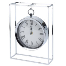 25cm Stylish Silver Hanging Table Clock | Suspended Chrome Mantel Clock | Living Room Round Hanging Mantle Clock In Chrome Frame