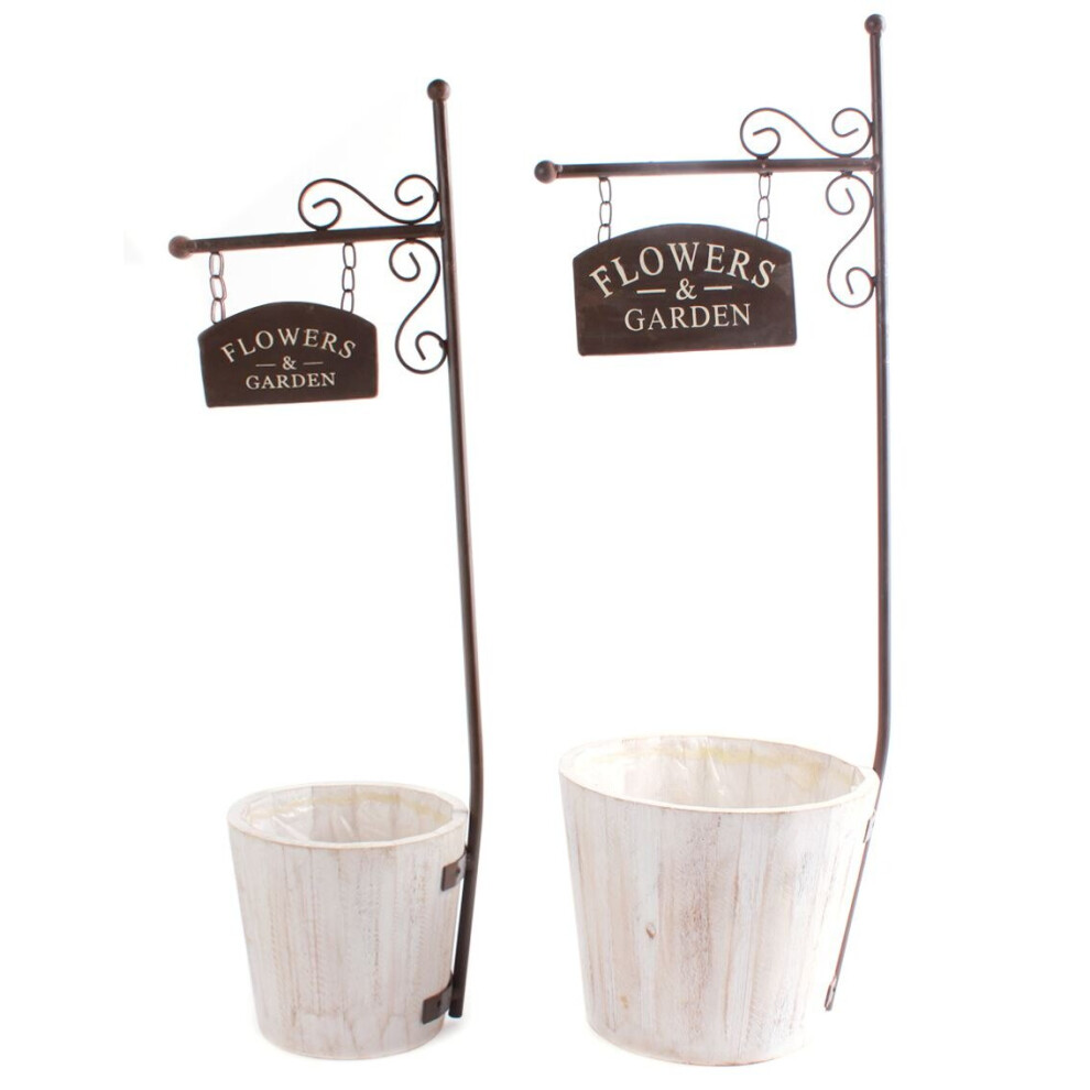 Set Of 2 Rustic Wooden Garden Planter Pots ~ Outdoor Indoor Flower Pots