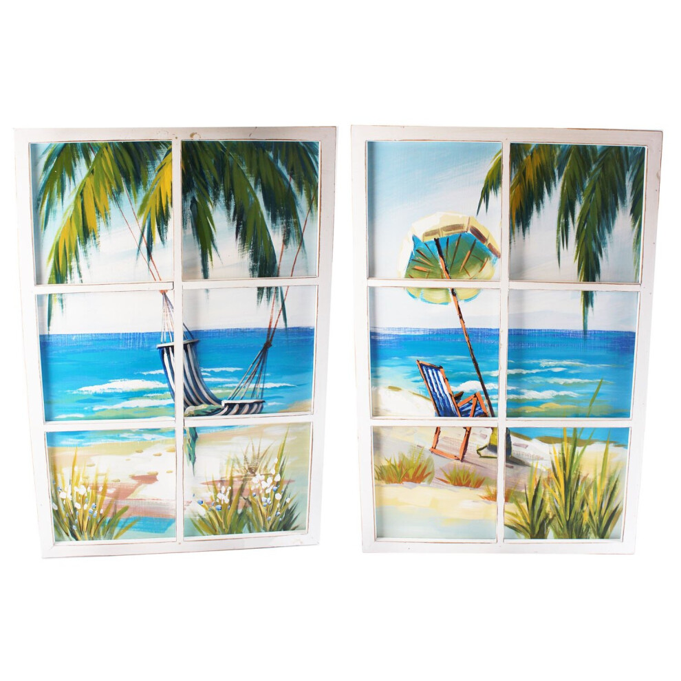 6 Pane Window Art Wooden Framed Palm Tree Hammock Parasol Beach Scene Wall Print 90cm x 60cm ~ Design Vary