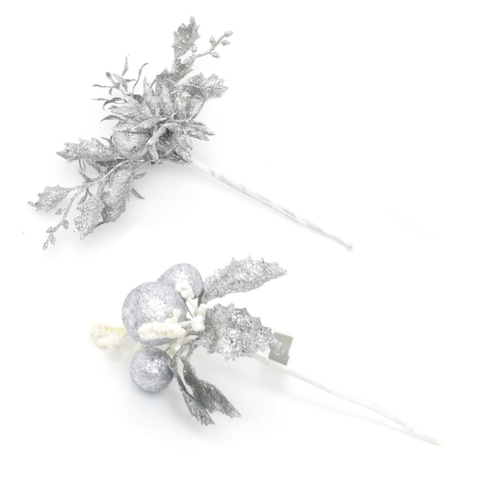 2 Piece Silver Glitter Christmas Flower Spray Pick | Artificial Holly Stems Christmas Decoration | Xmas Floral Spray Flower Pick