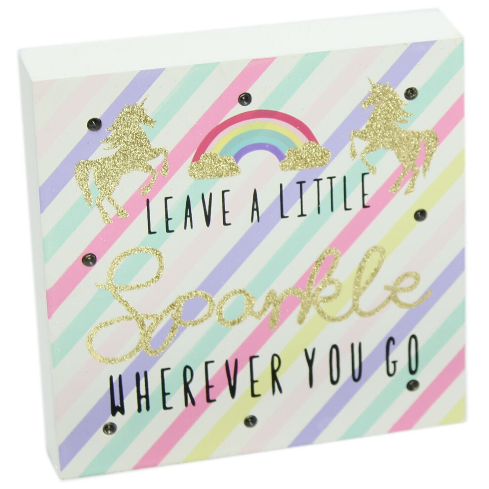 Glitter LED Light Up Unicorn Block Wall Plaque Art ~ Leave A Little Sparkle