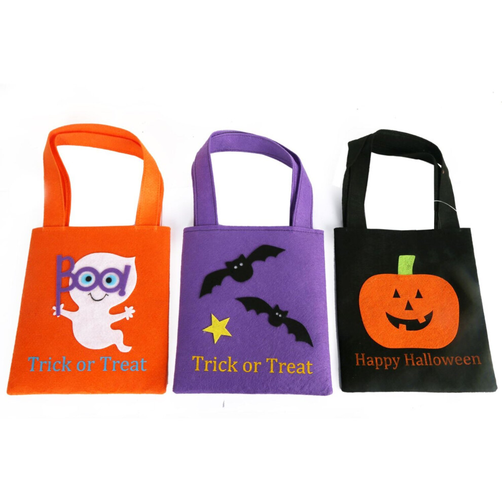 Pack of 3 Felt Halloween Trick Or Treat Bags For Candy Sweets ~ Designs Vary