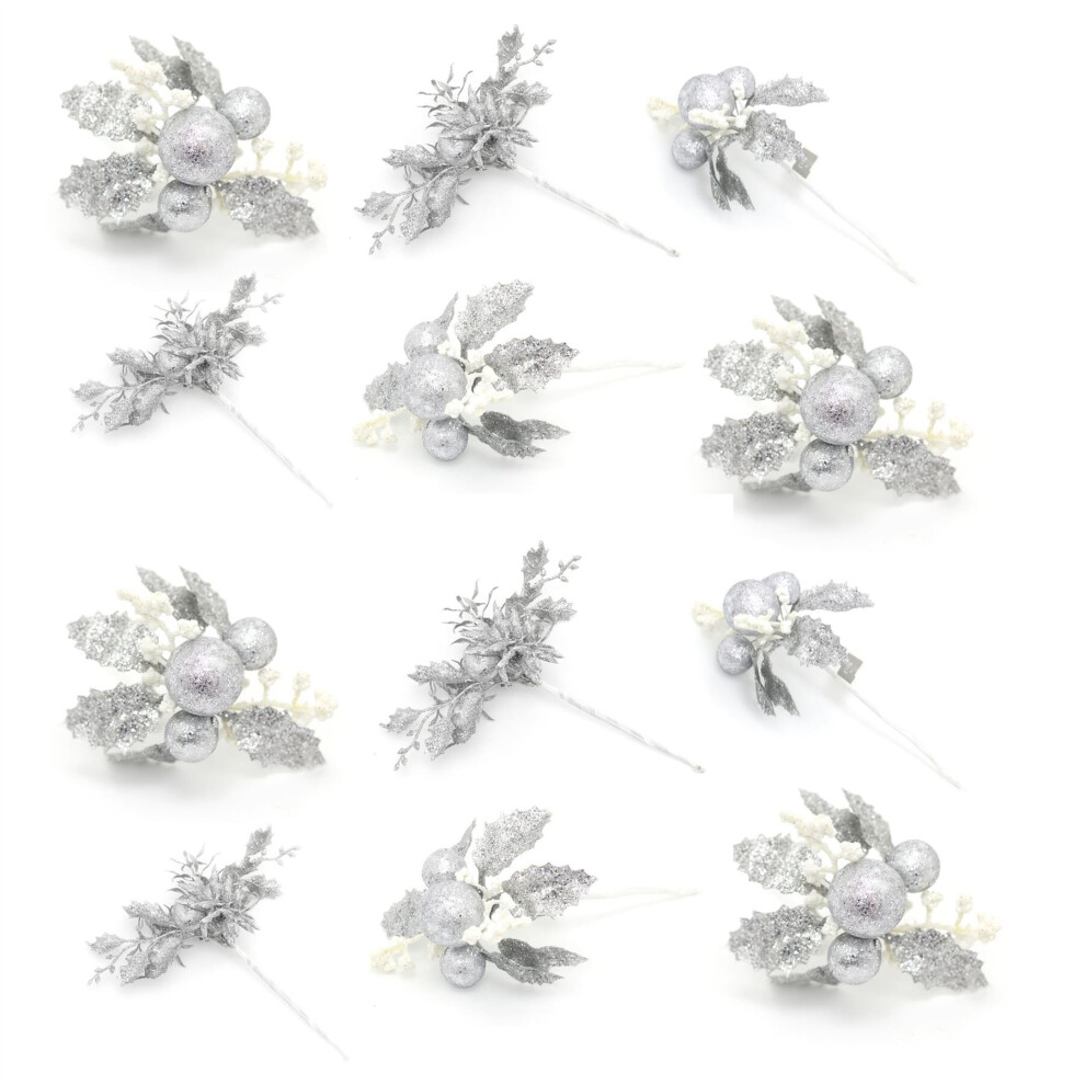 12 Piece Silver Glitter Christmas Flower Spray Pick | Artificial Holly Stems Christmas Decoration | Xmas Floral Spray Flower Pick