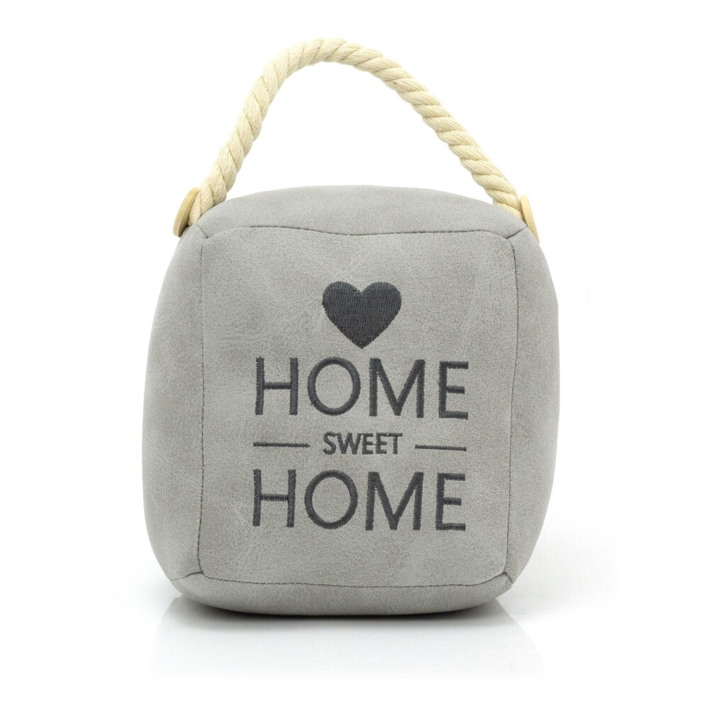 Grey Faux Leather Square Doorstop | Decorative Home Sweet Home Doorstop Cube | Heart Design Weighted Door Stopper With Handle 1.7kg