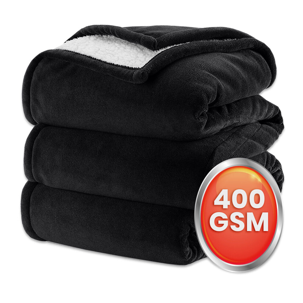 (Black , King ) Faux Fur Fleece Blanket Throw Soft Sherpa Blankets Sofa Bed UK