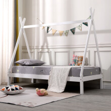 (White No Trundle, No Mattress) Harry Teepee Tent Kids Single Wooden Bed Frame