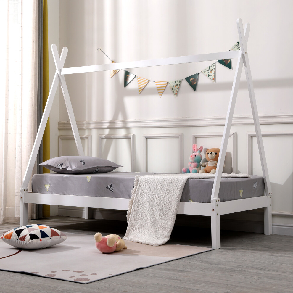 (White No Trundle, No Mattress) Harry Teepee Tent Kids Single Wooden Bed Frame