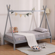 (Grey No Trundle, No Mattress) Harry Teepee Tent Kids Single Wooden Bed Frame