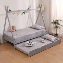 (Grey With Trundle, No Mattress) Harry Teepee Tent Kids Single Wooden Bed Frame