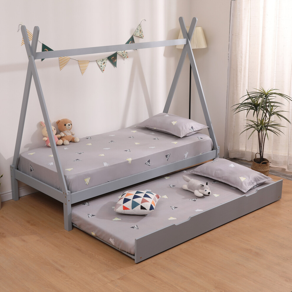 (Grey With Trundle, No Mattress) Harry Teepee Tent Kids Single Wooden Bed Frame