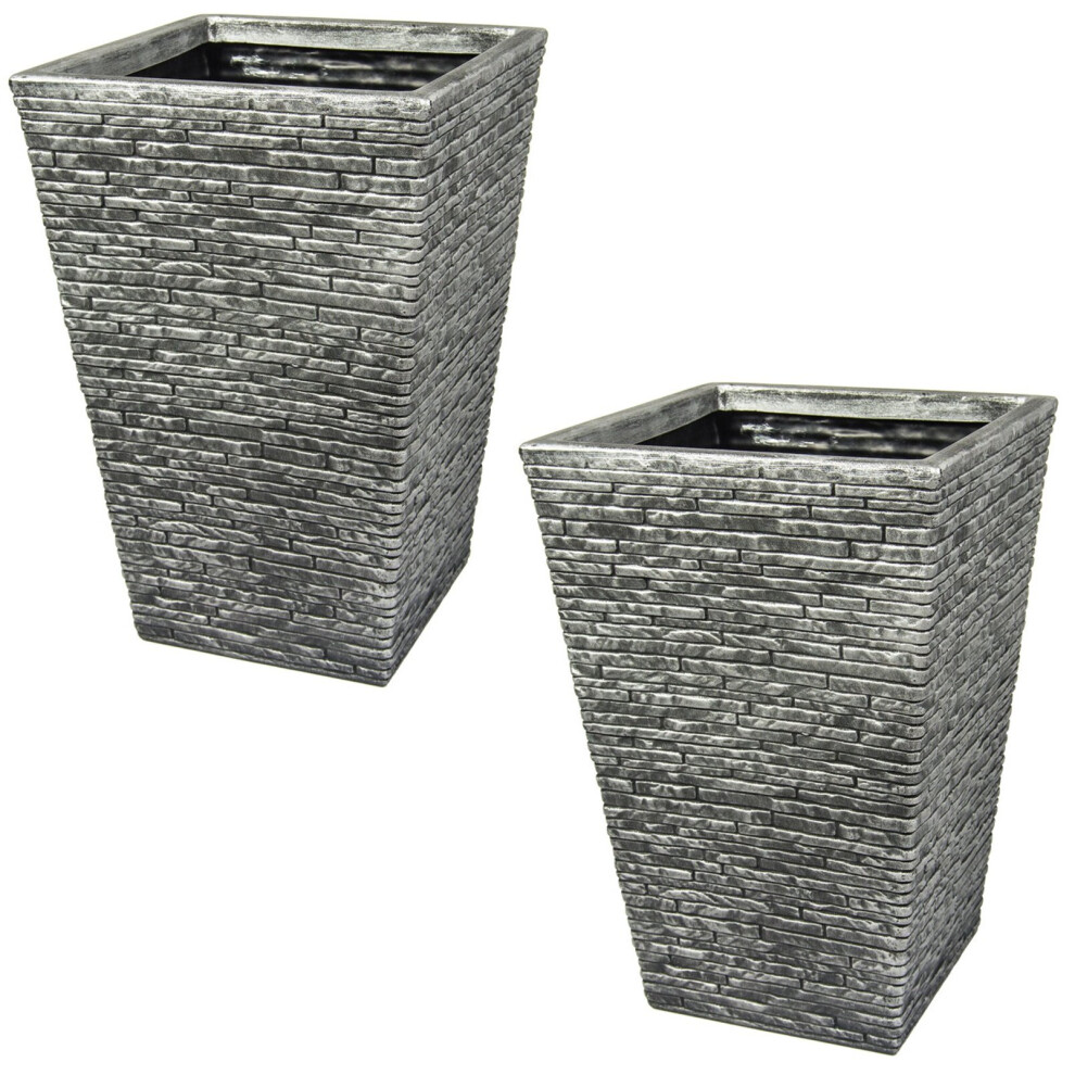 2 Tall Grey Brick Effect Planter Plastic Flared Pot Garden Patio 45cm