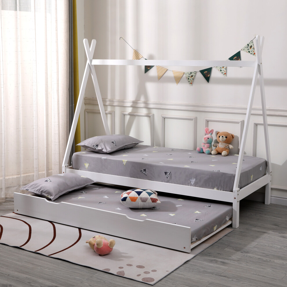 (White With Trundle, No Mattress) Harry Teepee Tent Kids Single Wooden Bed Frame