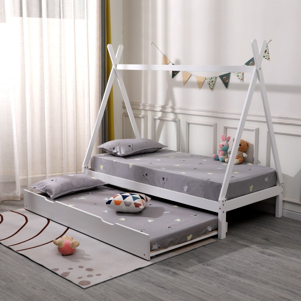 (White With Trundle, 2 x 10cm Comfort Foam Mattress) Harry Teepee Tent Kids Single Wooden Bed Frame
