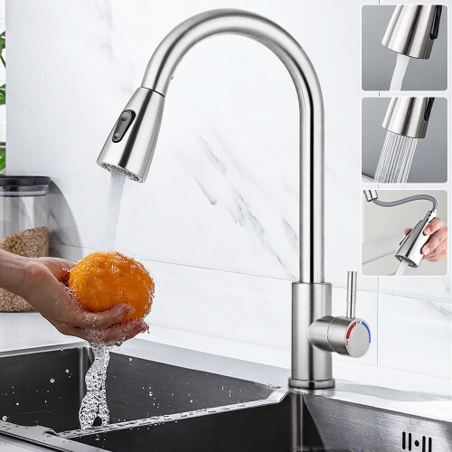 Stainless Steel Kitchen Taps Sink Mixer Pull Out Spray Single Faucet