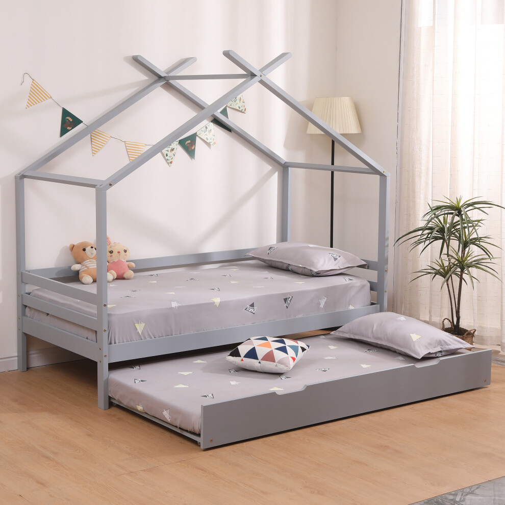 Slumberworx (Grey With Trundle, No Mattress) Teddy Kids Wooden House Treehouse Single Bed & Optional Trundle - Grey / White