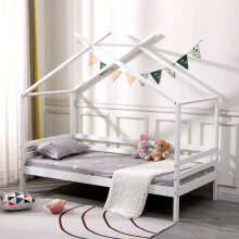 (White No Trundle, No Mattress) Teddy Kids Wooden House Treehouse Single Bed & Optional Trundle - Grey / White