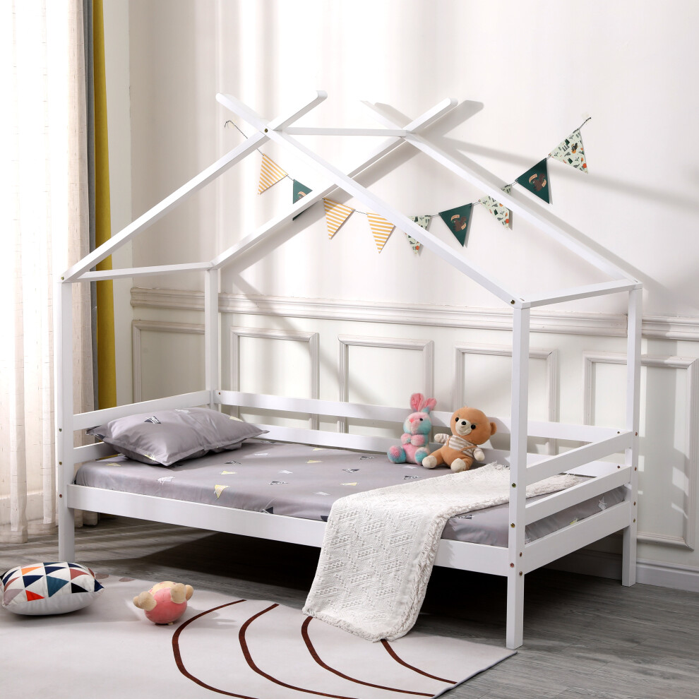 (White No Trundle, No Mattress) Teddy Kids Wooden House Treehouse Single Bed & Optional Trundle - Grey / White