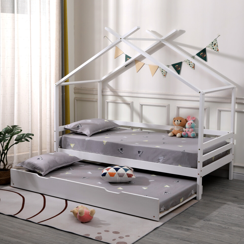 Teddy Kids Childrens Wooden House Single Bed Frame w Guest Trundle Bed