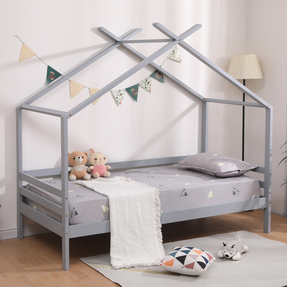 (Grey No Trundle, No Mattress) Teddy Kids Wooden House Treehouse Single Bed & Optional Trundle - Grey / White