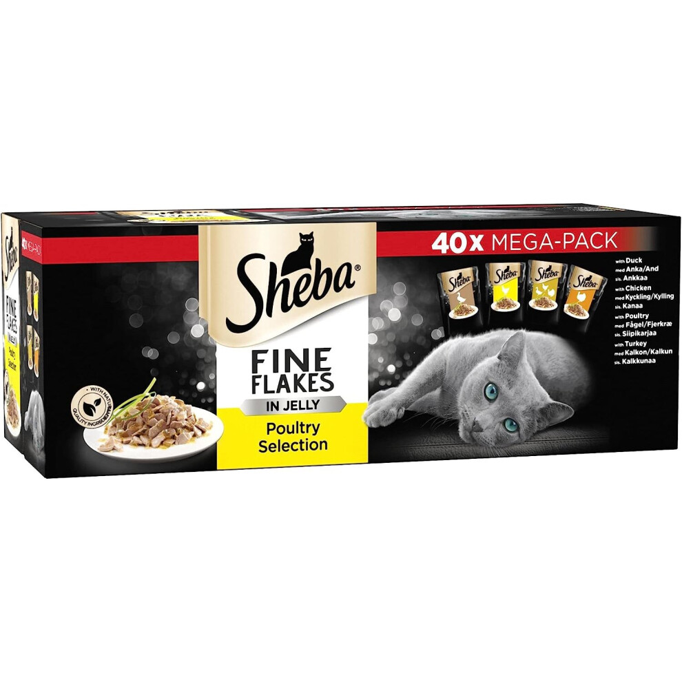 Sheba Fine Flakes Poultry Collection in Jelly 40 Pouches, Adult Wet Cat Food, Megapack (40 x 85 g)