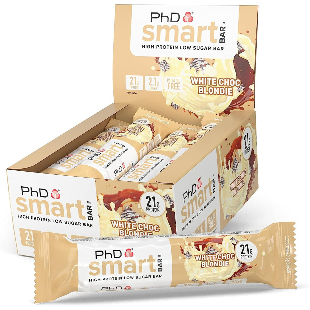 PhD Nutrition Smart Protein Bar, High Protein Low Sugar Protein Snacks, White Chocolate Blondie Flavour, 21g of Protein, 64g Bar (12 Pack)