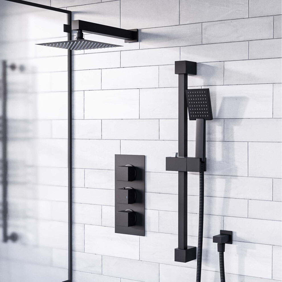 Concealed Thermostatic Mixer Valve, Slider Rail & Shower Head Set Matte Black