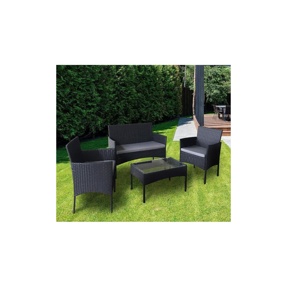 (Black) MCC Rattan Furniture 4 pcs Sofa Set Table & Chairs "Roger" Garden Outdoor