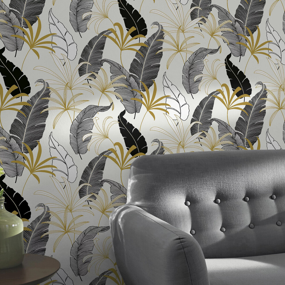 (Black Gold & White Leaf Smooth Wallpaper 150GSM) 220/280 GSM Goodhome Vinyl Wallpaper Paste Rolls