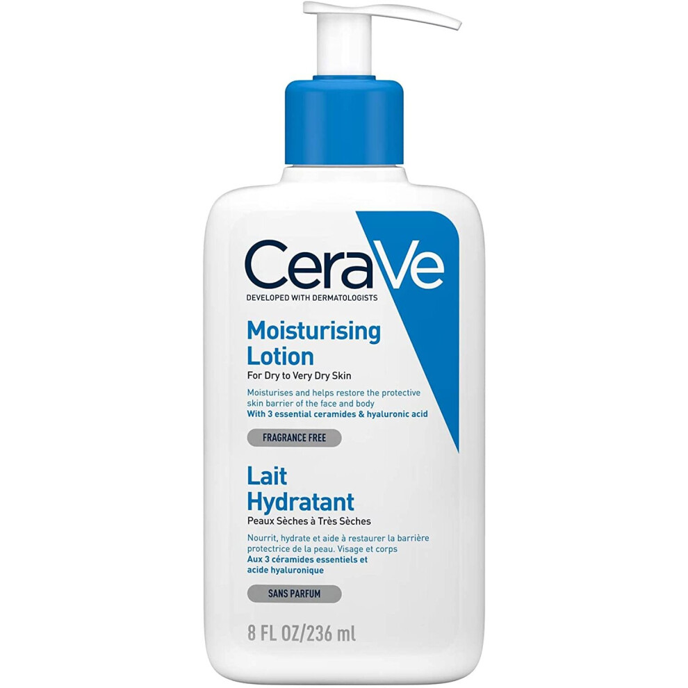 CeraVe Moisturising Lotion, with hyaluronic acid and 3 essential ceramides, Daily Face & Body Moisturiser for Dry to Very Dry Skin 236 ml (Pack of 1)