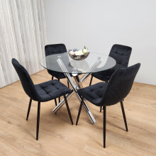 Round Chrome Metal Clear Glass Table and 4 Black Tufted Velvet Chairs