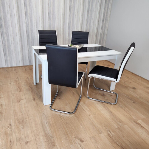Dining Table and 4 Faux Leather Black White Padded Chairs Dining Set 1