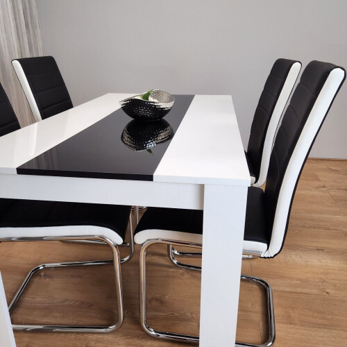 Dining Table and 4 Faux Leather Black White Padded Chairs Dining Set 2