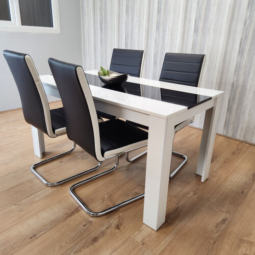 Dining Table and 4 Faux Leather Black White Padded Chairs Dining Set