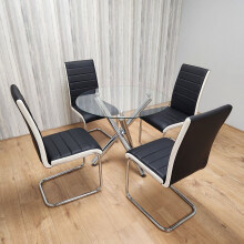 Round Chrome Metal Clear Glass Table and 4 Stylish Dining Chairs Set