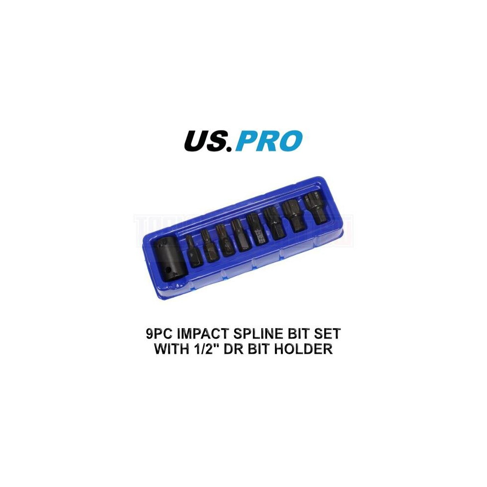 Us Pro Tools 9Pc Impact Spline Bit Set With 1/2" Dr Bit Holder M6 - M18 3996