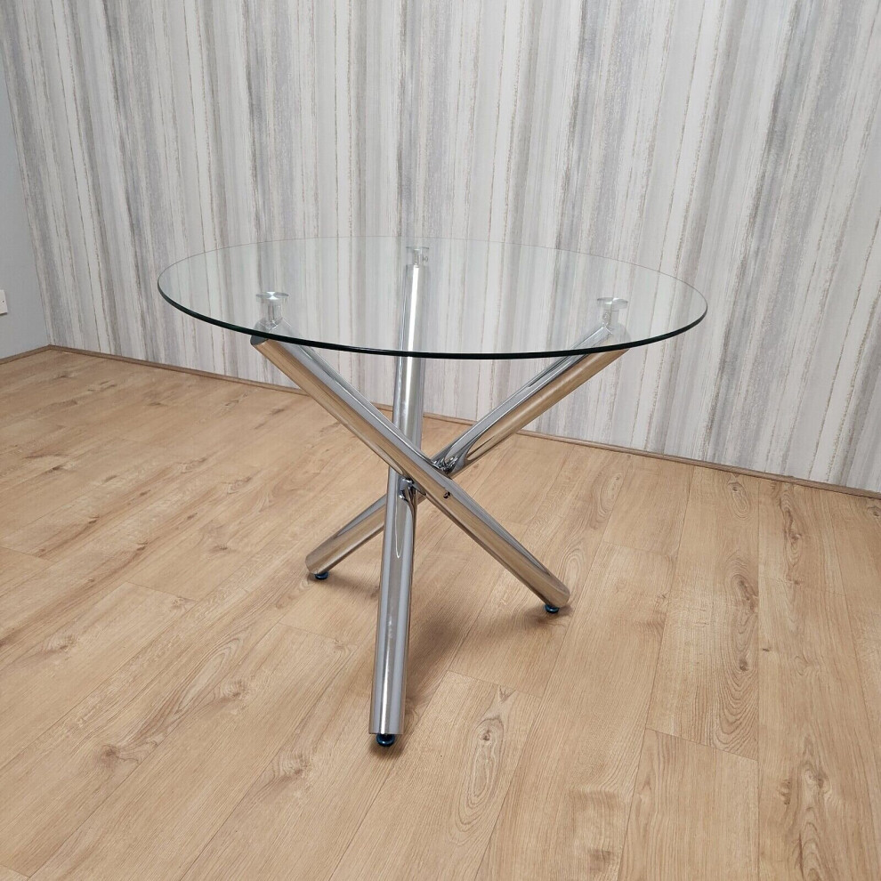 Modern Round Chrome Metal and Clear Glass Kitchen Dining Table Only