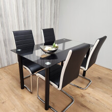 Dining Table Set of 4 Black Clear Table and Faux Leather Padded Chairs