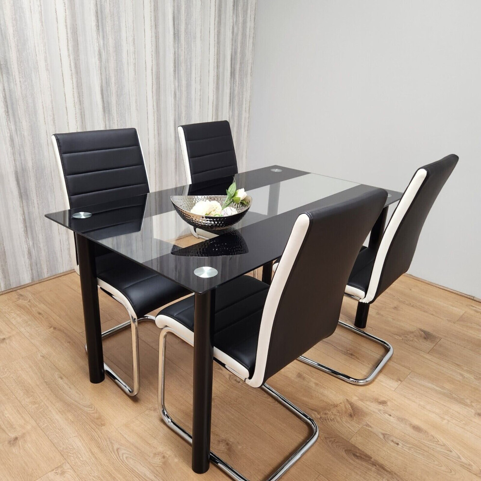 Dining Table Set of 4 Black Clear Table and Faux Leather Padded Chairs