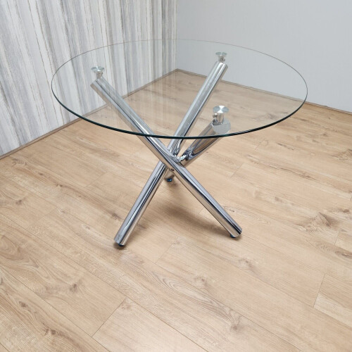 Modern Round Chrome Metal and Clear Glass Kitchen Dining Table Only 1