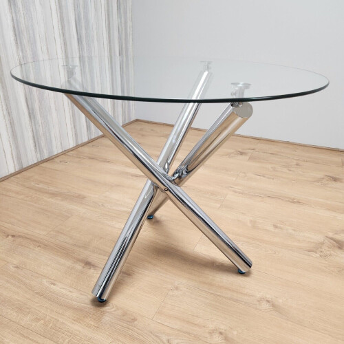Modern Round Chrome Metal and Clear Glass Kitchen Dining Table Only 2
