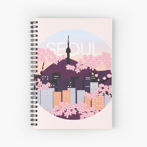 Spiral Notebook Seoul Tower With Woodblock Style Cherry Blossoms South ...