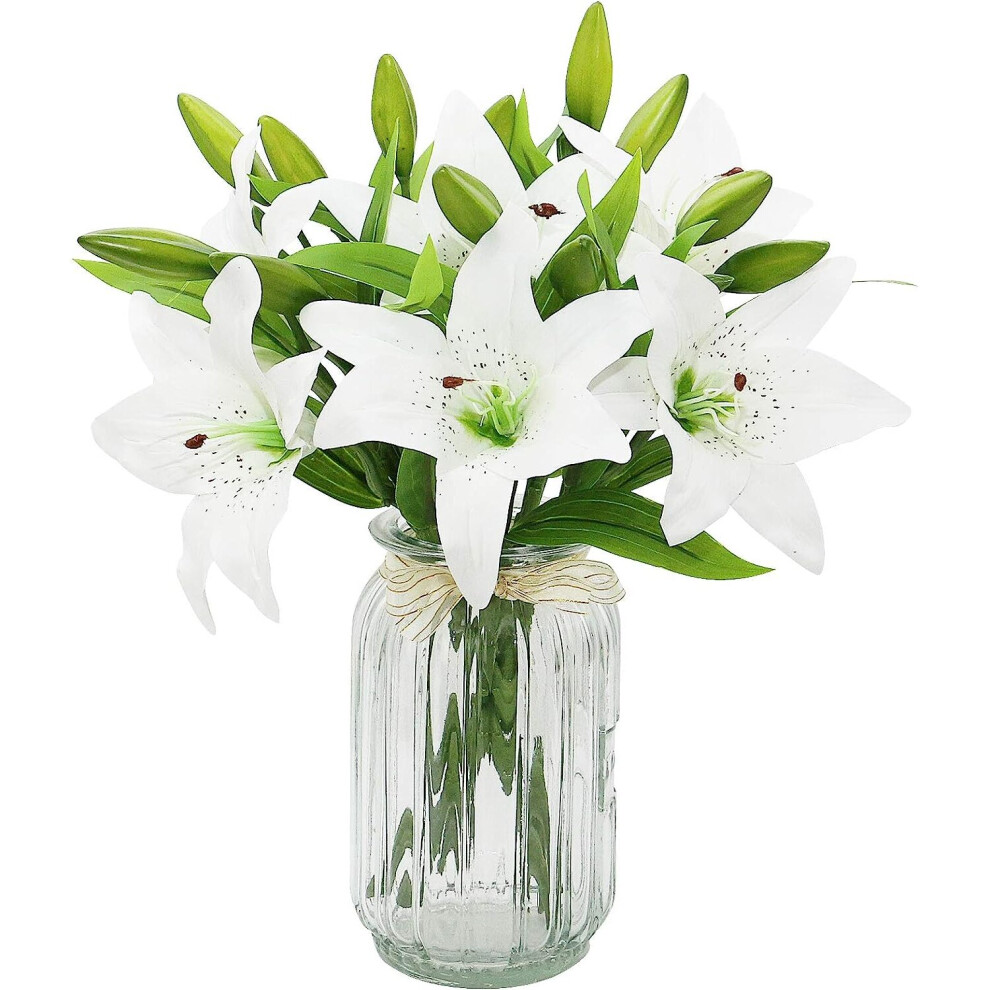 Artificial Lily Flowers White Bouquets, Realistic Fake Lily Flower for Wedding Party Home Garden Decor (White, 6)