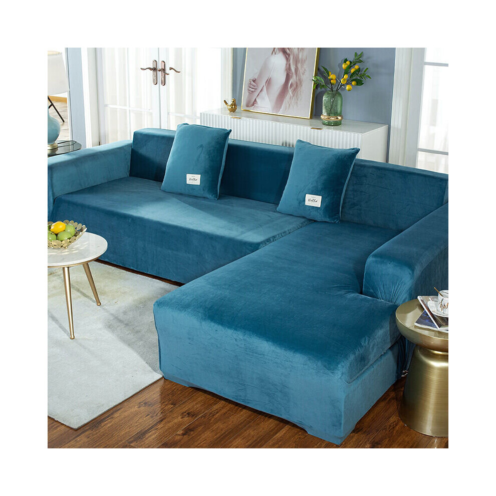 Corner Sofa Cover with Armrests L-Shaped Stretch Protective Couch Sofa Cover (L-Shaped Corner Sofa, Please Buy Two Pieces)-Lake Blue Double 145-185cm